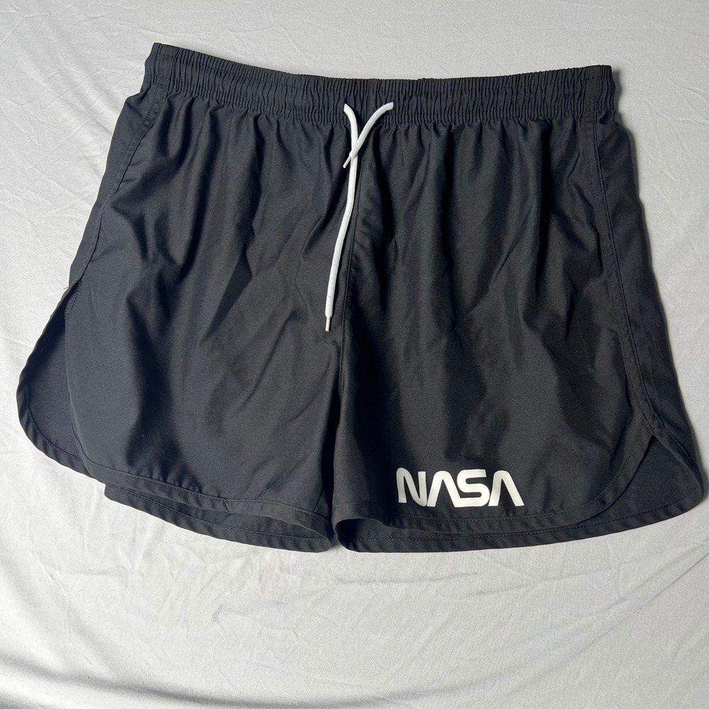 SHEIN NASA Black Graphic Athletic Shorts Elastic Waist Dolphin Hem Mens Large